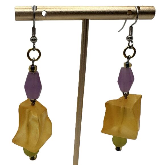 Artsy Statement Dangle Earrings Beaded Yellow Purple Frosted Acrylic Abstract - Picture 1 of 3